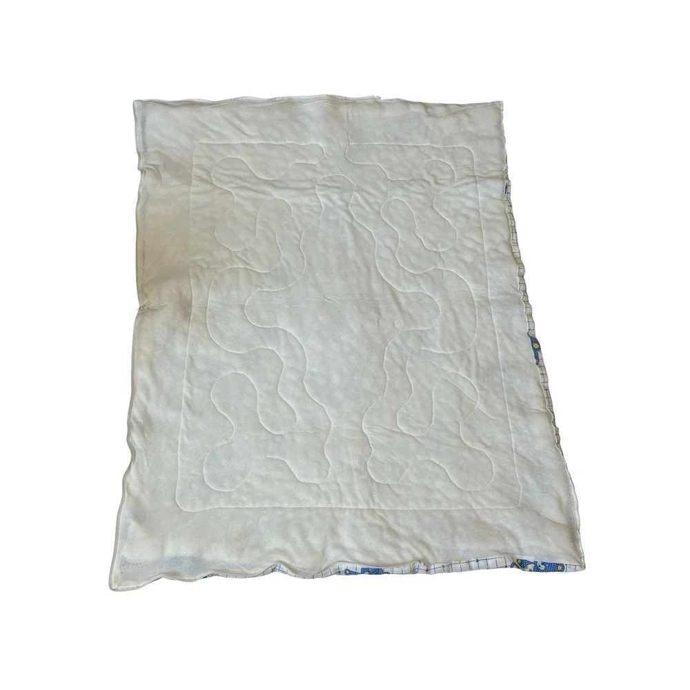 Vintage Quilted Baby Blanket Blue Polka Dot Bear Rainbow Cloud White 32x44‎